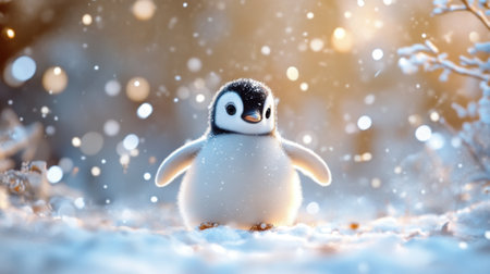 Adorable penguin full of charm, waddling in a snowy landscape, its sweetness and cuteness melting hearts in a cozy winter setting.の素材