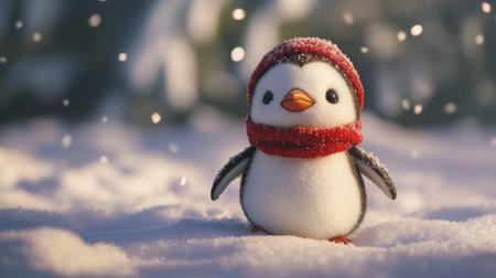 An irresistibly cute penguin standing in the snow, showcasing its charm and sweetness, perfect for a heartwarming and playful winter scene.の素材