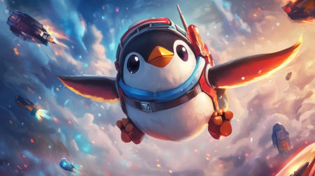 A playful penguin mascot sporting a jetpack, poised to soar into the sky, set in a dynamic, colorful environment full of energy.の素材