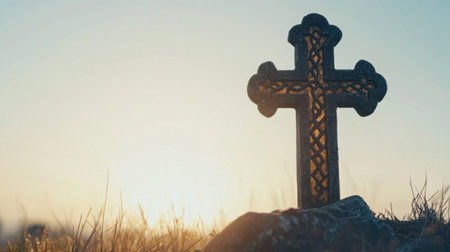 Ancient Celtic cross captured against a backdrop of a clear sky, representing history, faith, and the beauty of nature.の素材
