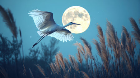 Beautiful stork flying under a full moon with pampas grass below, a peaceful night scene full of calm.の素材