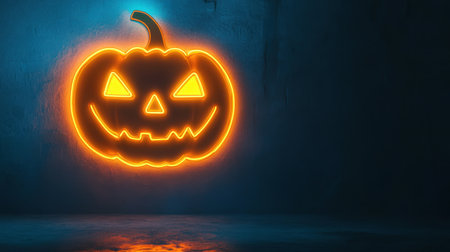 Bright neon pumpkin sign glowing in high definition, casting an eerie light on a dark background for Halloween.の素材