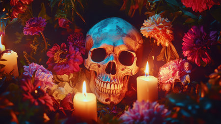 Bright flowers and candles frame a vibrant skull on a dark backdrop, creating a visually striking and atmospheric sceneの素材