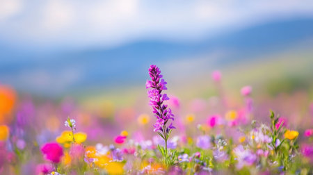 Close-up of a vibrant purple false saw wort wildflower blooming in a lush Israeli meadow, with a shallow depth of field.の素材