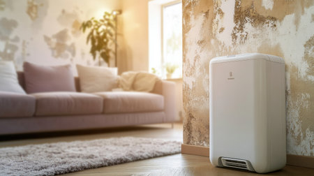 Dehumidifier in use in a room with visible mold, part of water damage recovery efforts to restore a safe environmentの素材