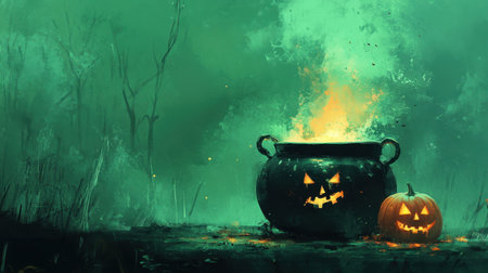 Halloween cauldron with a mischievous pumpkin on a green background, creating a fun and eerie vibeの素材