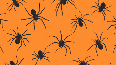 Halloween seamless pattern featuring black spiders scattered on an orange background, adding a spooky touch.の素材