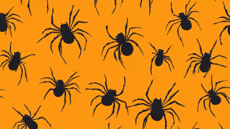 Halloween seamless pattern featuring black spiders scattered on an orange background, adding a spooky touch.の素材