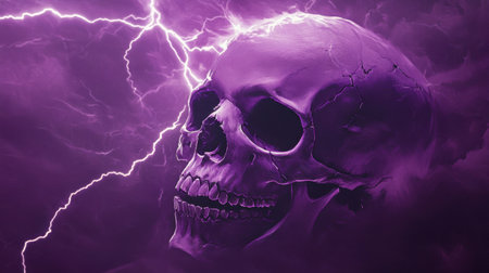 Haunted purple skull with electric lightning strikes in the background, creating an eerie, electrifying wallpaperの素材