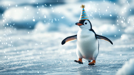 Penguin with a birthday hat, running on the ice with enthusiasm, creating a fun and festive winter scene perfect for celebration vibesの素材