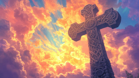 Detailed image of a Celtic cross against a vibrant sky, clouds parting to reveal the cross's intricate designsの素材