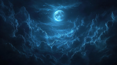 Moonlight streaming through dark clouds, casting shadows across the sky, a serene yet haunting night viewの素材