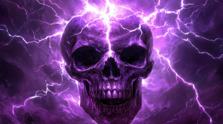 Haunted purple skull with electric lightning strikes in the background, creating an eerie, electrifying wallpaperの素材