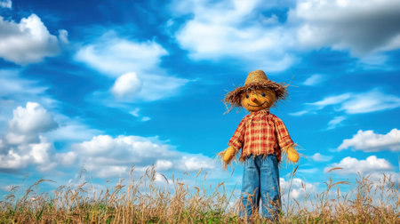 Lone scarecrow under a vibrant blue sky, surrounded by nature, representing the rustic charm of the fall seasonの素材