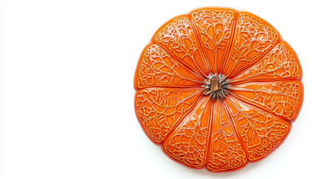 Pumpkin disc illustration with intricate details, isolated on white, showcasing a vibrant orange color.の素材