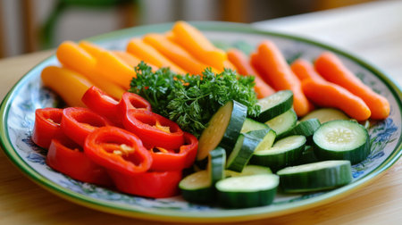 Nutritious cooked vegetables, including zucchini, carrots, and bell peppers, arranged on a plate for a balanced mealの素材