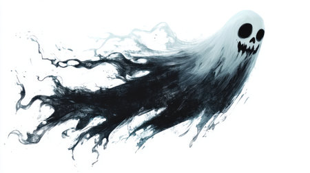 Spooky yet fun ghost illustration, isolated on white, with soft, playful features ideal for Halloween themes.の素材