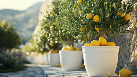 Outdoor scene with lemon and olive trees in white pots, creating a charming Mediterranean ambiance with shallow depth of field.の素材