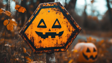 Spooky pumpkin-themed caution sign in an autumn setting, with bold orange and black colors, warning of Halloween fun.の素材