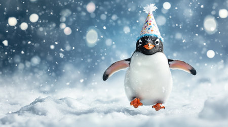 Penguin wearing a birthday hat, running happily across the icy snow, celebrating with a cute and playful winter backdrop.の素材