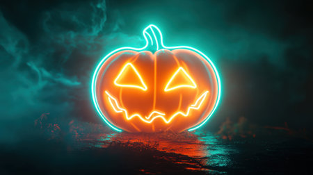 High-definition neon sign featuring a glowing pumpkin, illuminating in bright orange and green against a dark background.の素材