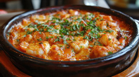 Turkish cimcim karides tava, butter casserole shrimp with a rich, aromatic sauce, beautifully presented in a rustic dish.の素材