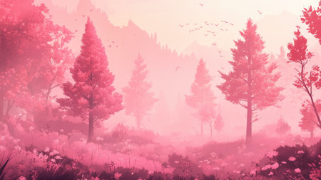 Artistic pink forest background, featuring detailed trees and a cheerful, animated atmosphere.の素材
