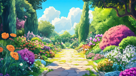 Artistic cartoon garden, showcasing a variety of flowers and a vibrant setting.の素材