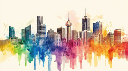 Artistic hand-drawn city skyline, showcasing diverse architectural styles against a colorful backdrop.の素材