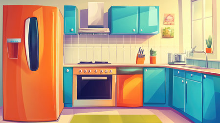 Cartoon kitchen illustration, with bright colors and detailed appliancesの素材
