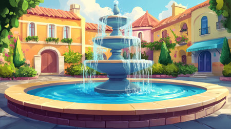 Charming cartoon fountain illustration, with detailed water effects and a vibrant setting.の素材