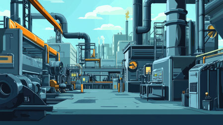 Cartoon illustration of an industrial background, featuring factories and machinery.の素材