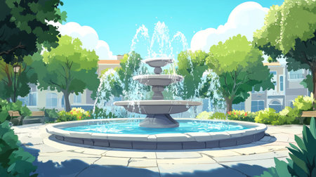 Charming cartoon fountain illustration, with detailed water effects and a vibrant setting.の素材