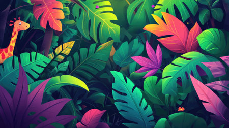Cartoon jungle illustration, featuring dense foliage, exotic animals, and vibrant colors.の素材