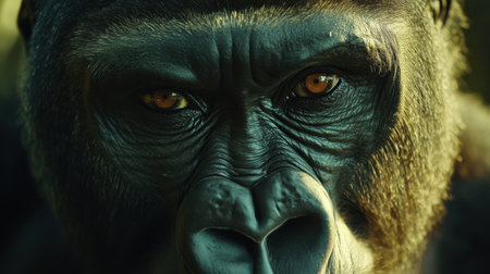 Close-up of a male gorilla's face, showcasing the raw power and intelligence of this iconic primate, a true symbol of nature's beautyの素材