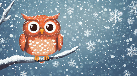 Adorable cartoon owl perched on a snowy branch, its big eyes wide open, surrounded by falling snowflakes, bringing winter fun to life.の素材
