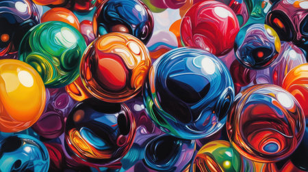 Shiny multicolored spheres in vivid hues, arranged in an abstract pattern, reflecting saturated colors and a playful, marble-like design.の素材