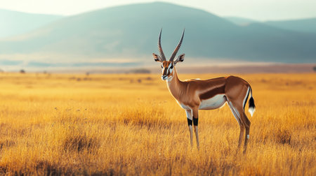 Lone antelope in the African plains, distant mountains in the background, emphasizing the beauty of wildlife in nature with ample copy space.の素材