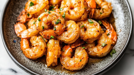 Chinese fried shrimp with a spicy mustard sauce, arranged beautifully on a plate, highlighting bold flavors.の素材