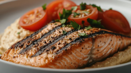 Delicious grilled salmon steak with hummus and fresh tomatoes, close-up on a white plate, ready for a gourmet meal.の素材