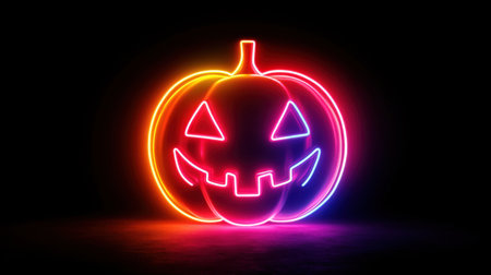 Glowing pumpkin in a neon sign style, lighting up the dark with bold colors and a high-definition look.の素材