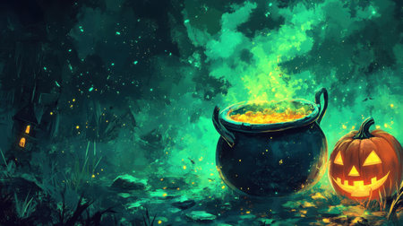 Halloween cauldron bubbling with mystery, a spooky pumpkin by its side, set against a vibrant green backdrop.の素材
