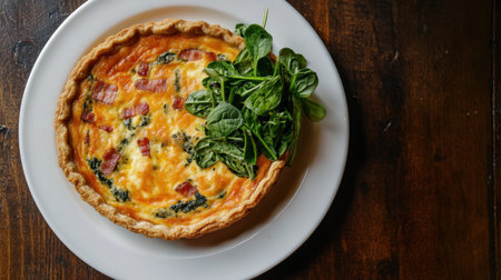 Delicious Quiche Lorraine, filled with crispy bacon and fresh spinach, captured from above on a white plate.の素材