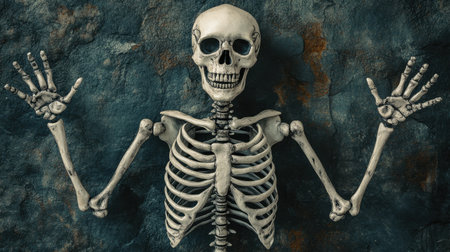 Classic skeleton in a spooky Halloween pose, isolated on a dark background for eerie effectの素材