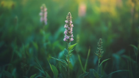 Delicate purple false saw wort flower blooming in an Israeli field, surrounded by lush green grass, with shallow depth of field.の素材