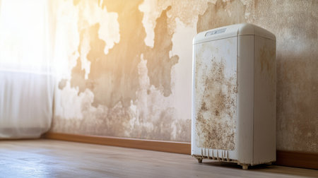 Dehumidifier in use in a room with visible mold, part of water damage recovery efforts to restore a safe environmentの素材