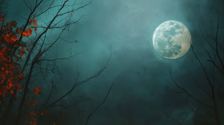 Full moon shining through bare autumn trees in a Halloween-themed scene, with space for custom text.の素材