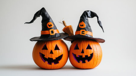 Halloween pumpkins with big smiles, witch hats, and brooms, ready for fun against a bright white backdrop.の素材