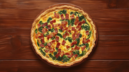 Homemade Quiche Lorraine topped with crispy bacon and spinach, presented in a rustic style, viewed from aboveの素材