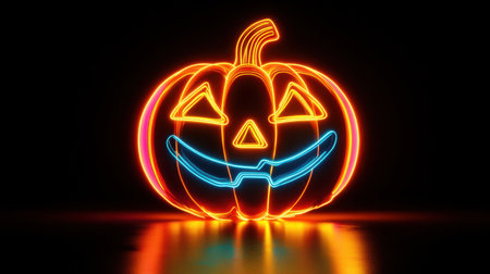 Glowing pumpkin in a neon sign style, lighting up the dark with bold colors and a high-definition look.の素材